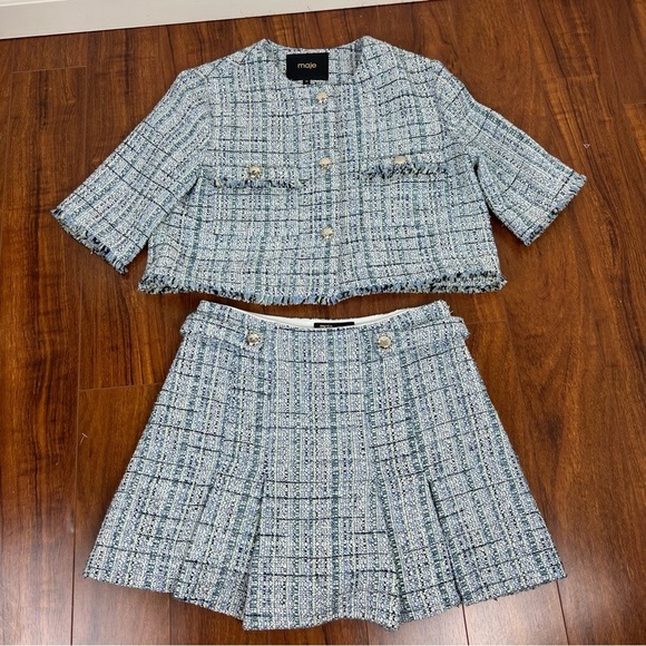 Maje 2 Piece Matching Tweed Short Sleeve Blazer Skort Pleaded Skirt Set Size 38 - Picture 16 of 16